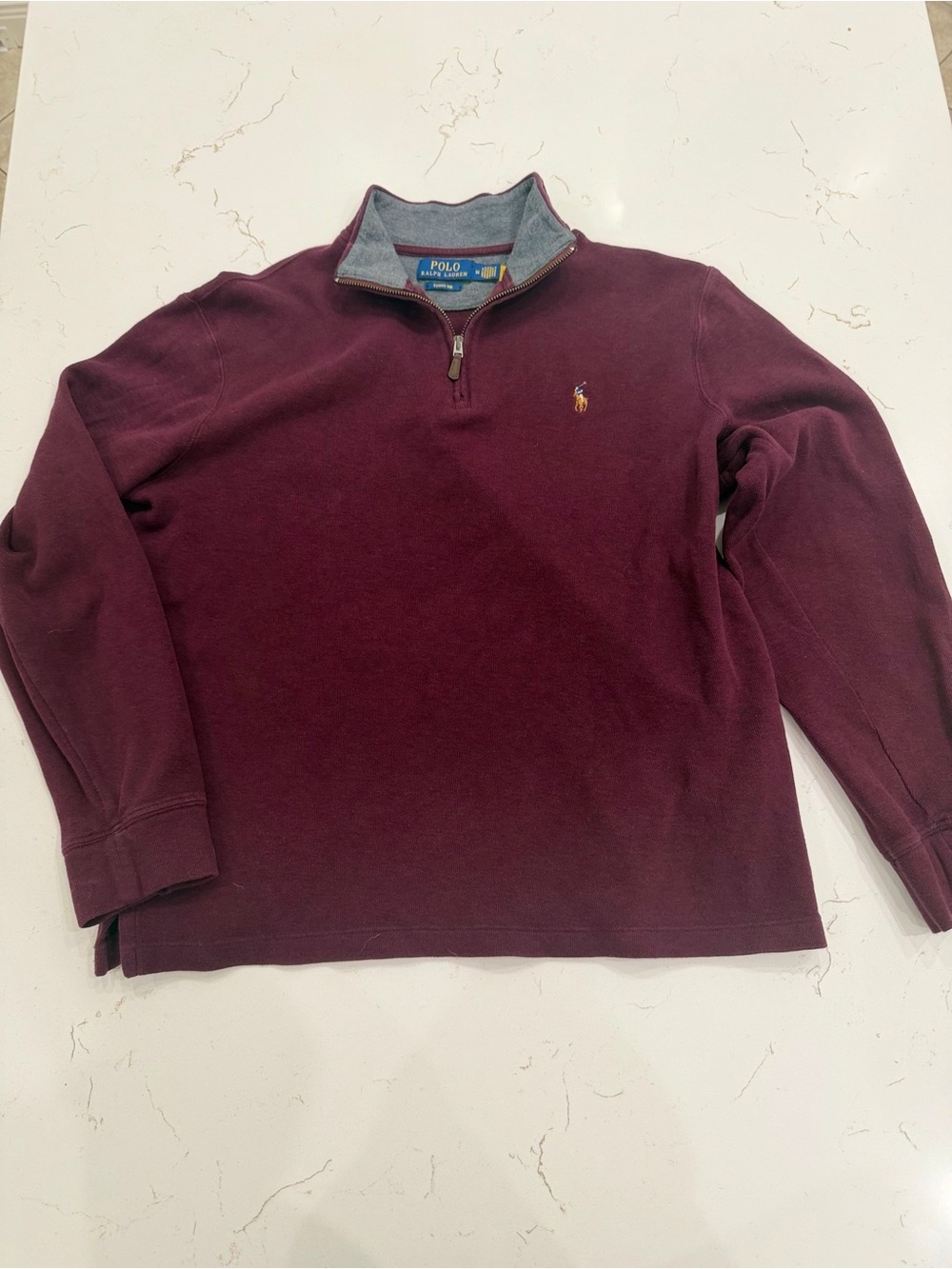 Polo by Ralph Lauren Men's Maroon Quarter-Zip Sweater with Grey Collar
